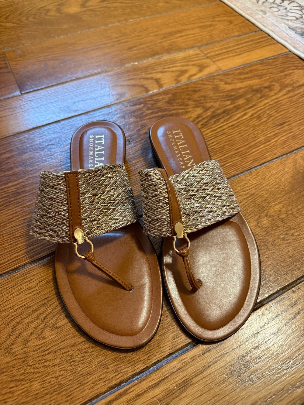 Italian Shoemakers Brown Woven Slide Sandals with Gold Accent